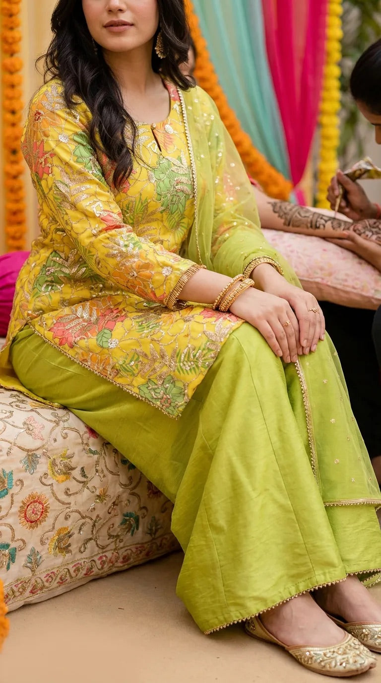 Lime green and yellow floral sequin embroidered kurta sharara set for women from Karchobi