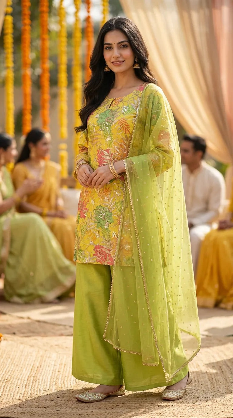 Woman in lime green and yellow floral sequin embroidered Kurta Sharara set by Karchobi