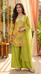 Woman wearing lime green and yellow floral sequin embroidered kurta sharara set from Karchobi