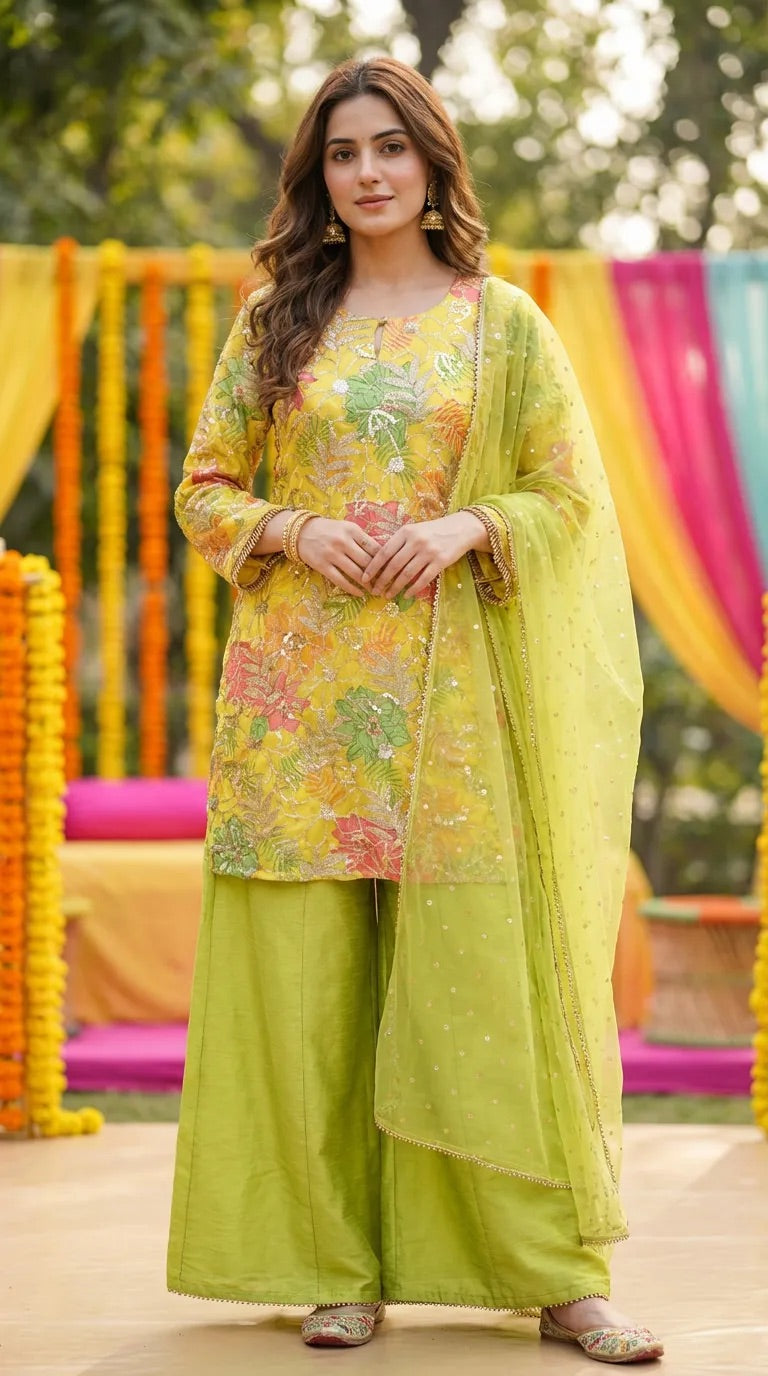 Lime green and yellow floral sequin embroidered kurta sharara set for women by Karchobi