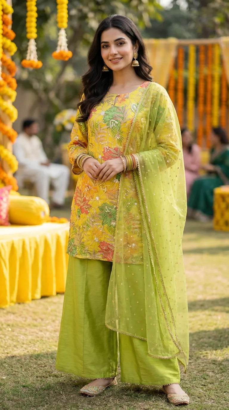 Woman wearing lime green and yellow floral sequin embroidered kurta sharara set outdoors
