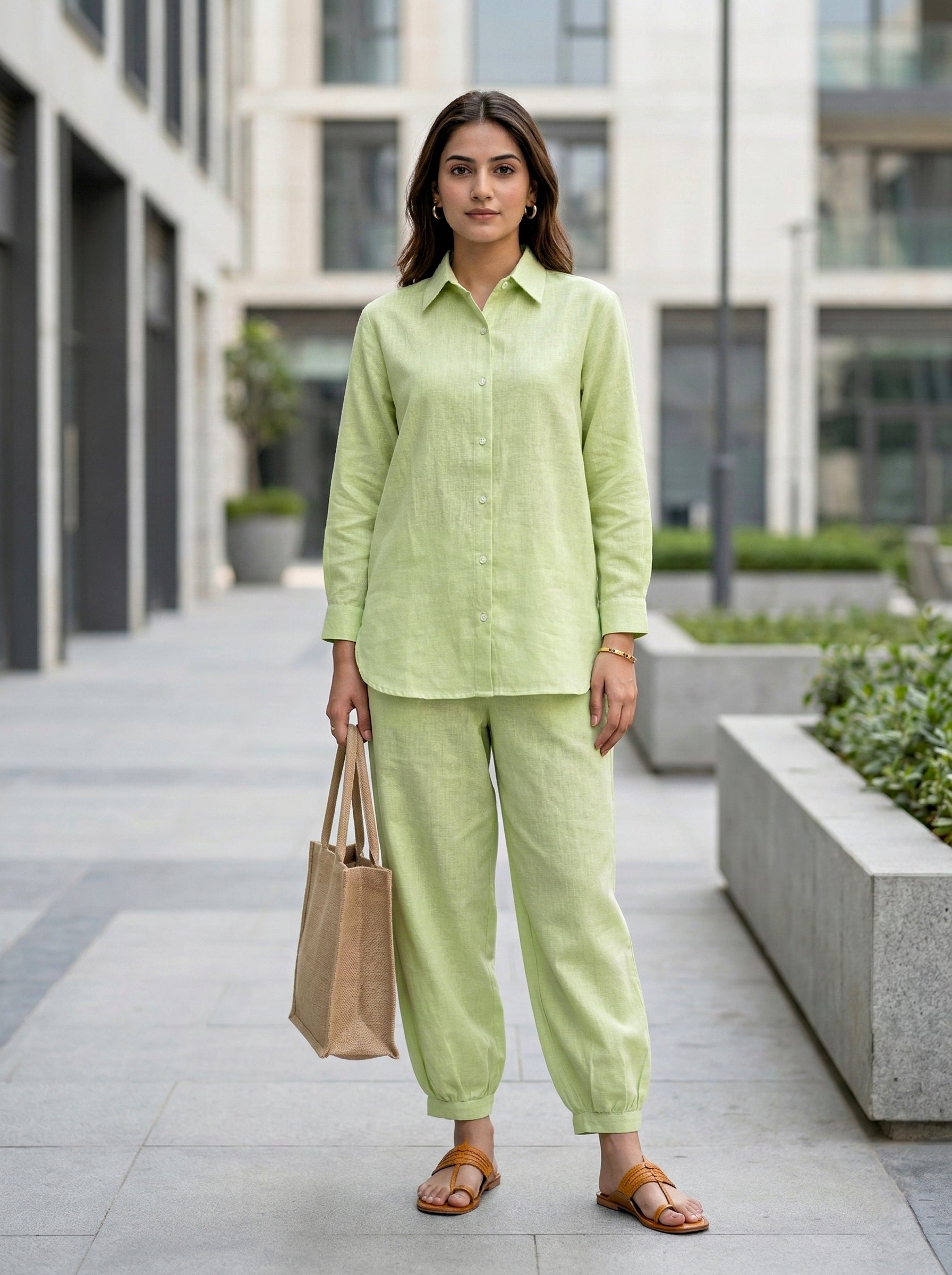 Lime green cotton linen shirt and Aghani Salwar co-ord set for women, stylish and comfortable Karchobi fashion ensemble.
