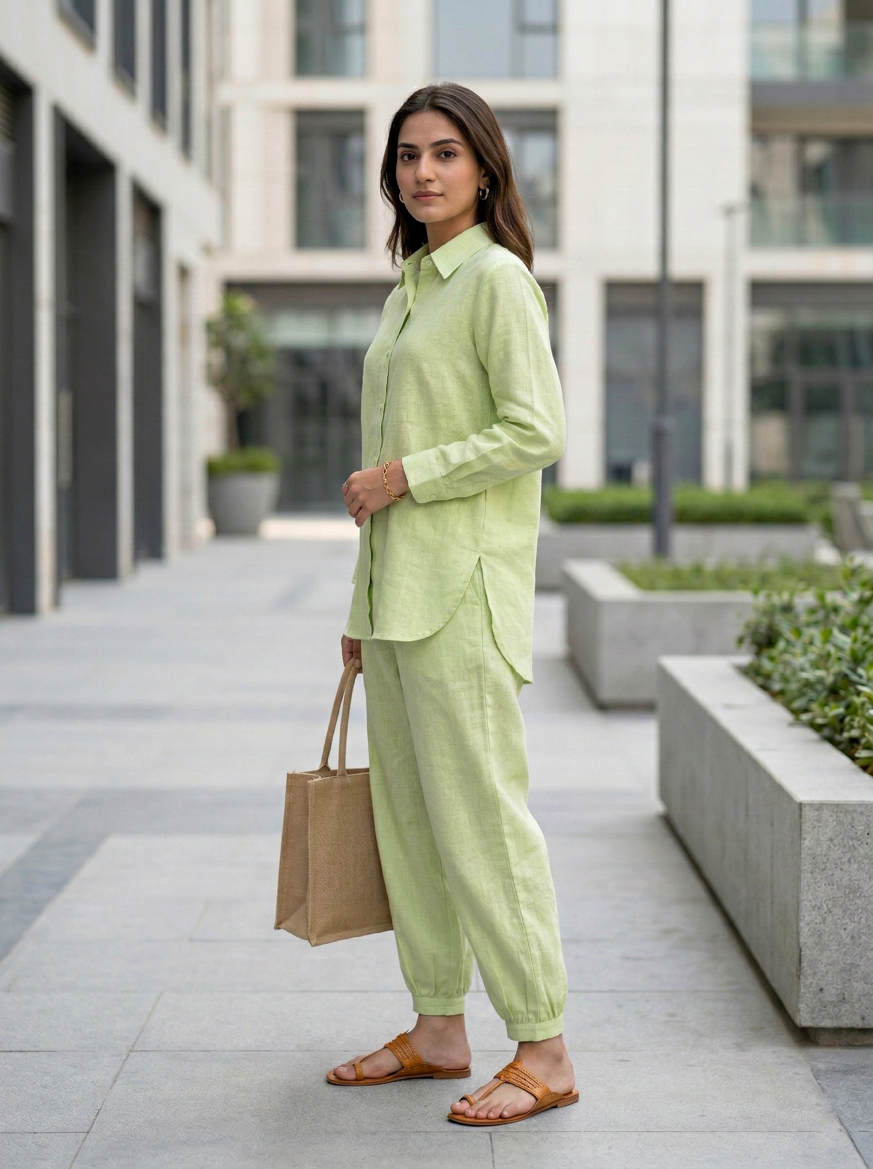 Lime green cotton linen shirt and Aghani salwar co-ord set for women, featuring traditional design and comfortable fabric.