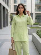 Lime green cotton linen shirt and Aghani salwar co-ord set for women, stylish Karchobi ethnic wear ensemble.