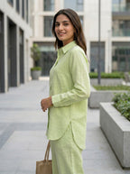 Lime green cotton linen shirt with matching Aghani salwar co-ord set for women from Karchobi, casual and comfortable ethnic wear