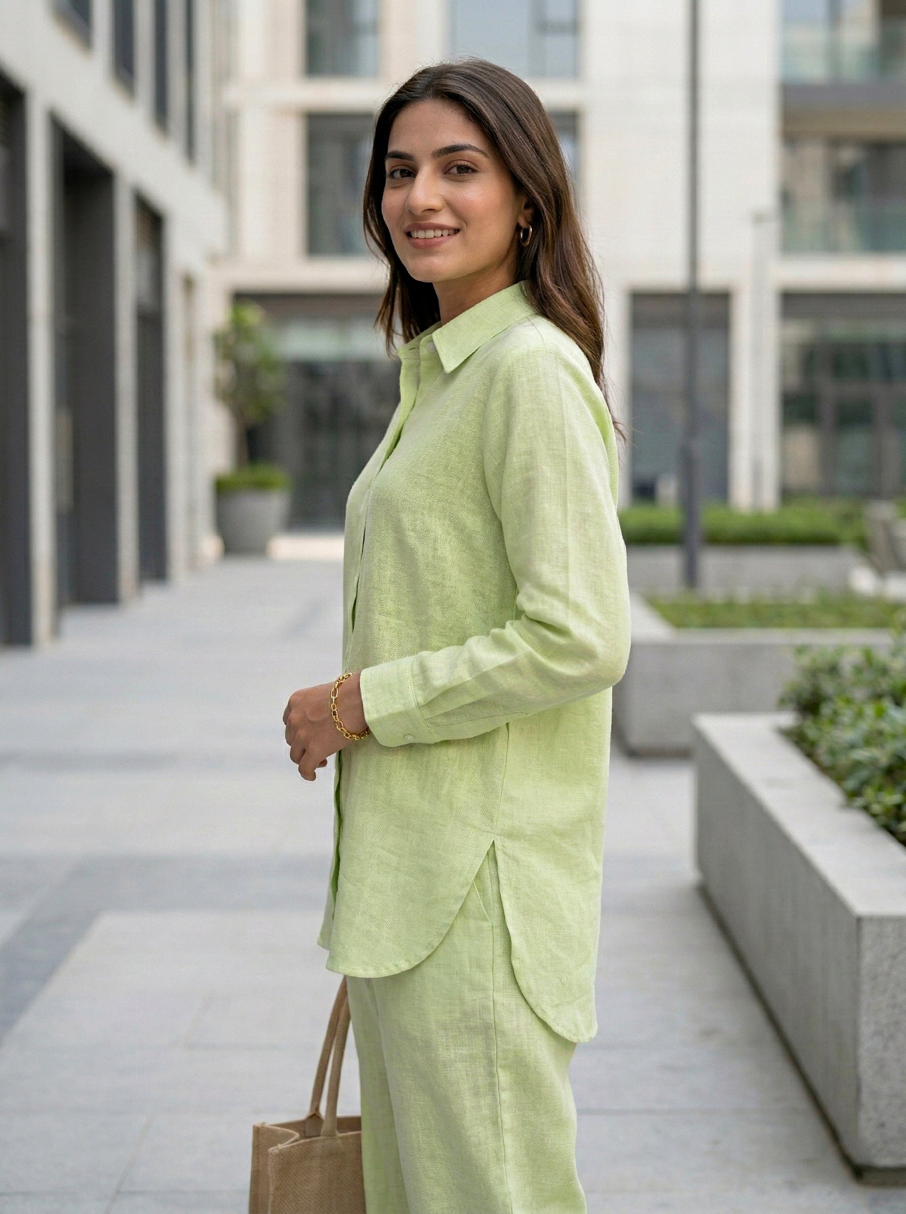 Lime green cotton linen shirt with matching Aghani salwar co-ord set for women from Karchobi, casual and comfortable ethnic wear