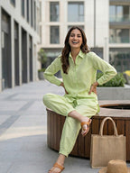 Lime green cotton linen shirt and Aghani salwar co-ord set for women, stylish and comfortable ethnic wear by Karchobi.