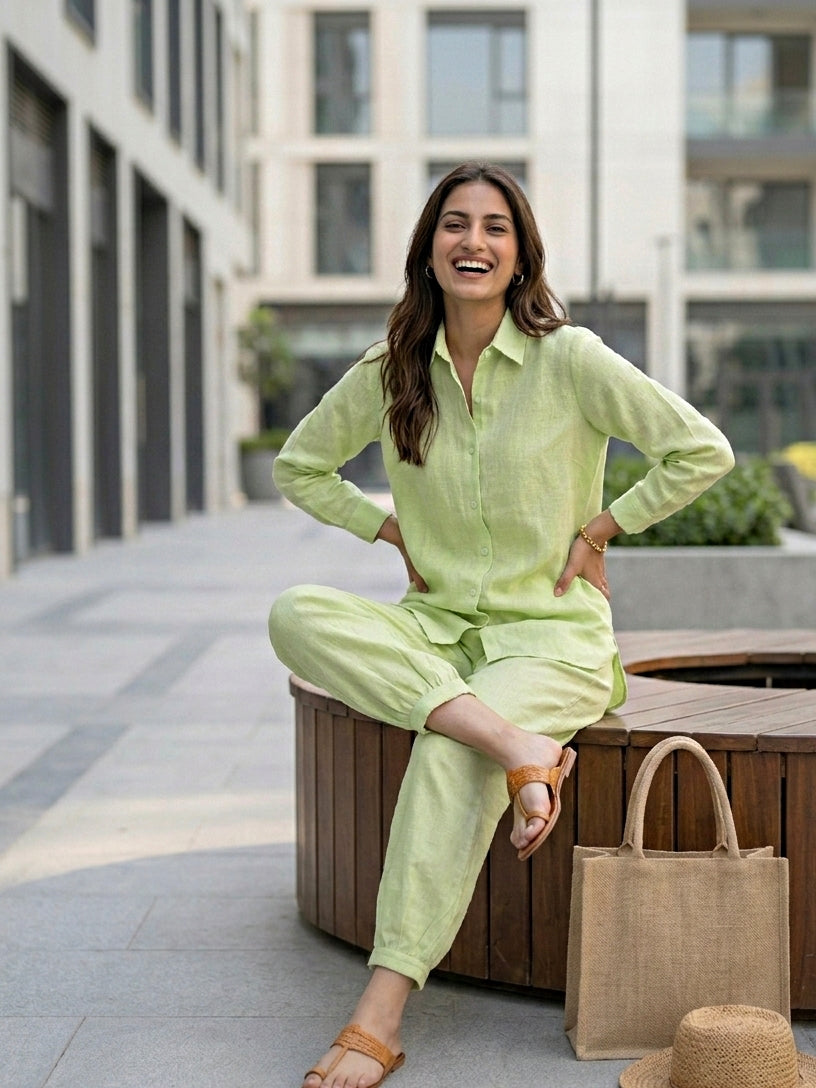 Lime green cotton linen shirt and Aghani salwar co-ord set for women, stylish and comfortable ethnic wear by Karchobi.