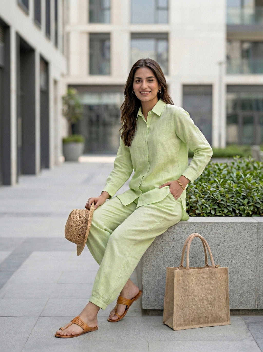 Lime green cotton linen shirt and Aghani salwar co-ord set for women by Karchobi, styled with intricate embroidery and comfortable fit.