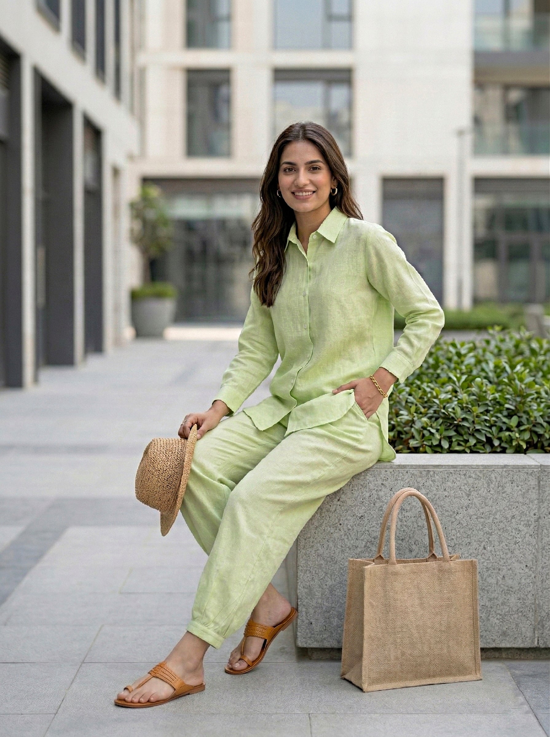 Lime green cotton linen shirt and Aghani salwar co-ord set for women by Karchobi, styled with intricate embroidery and comfortable fit.