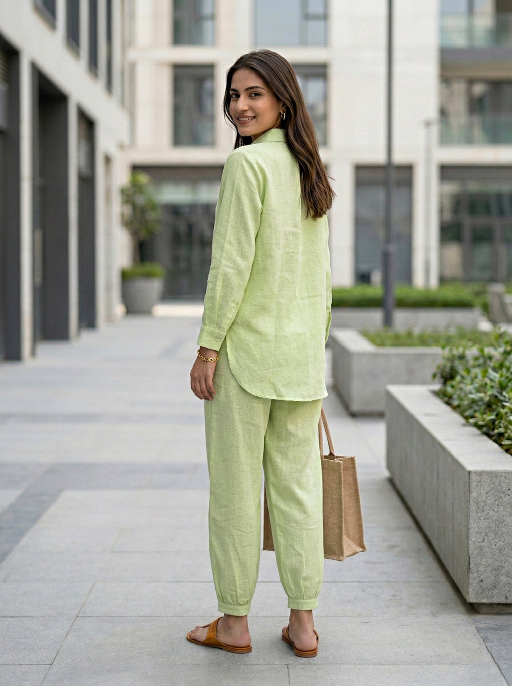 Lime green cotton linen shirt and Aghani salwar co-ord set for women, featuring traditional design and comfortable fabric.