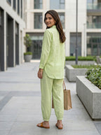 Lime green cotton linen shirt and Aghani salwar co-ord set for women, featuring traditional design and comfortable fabric.