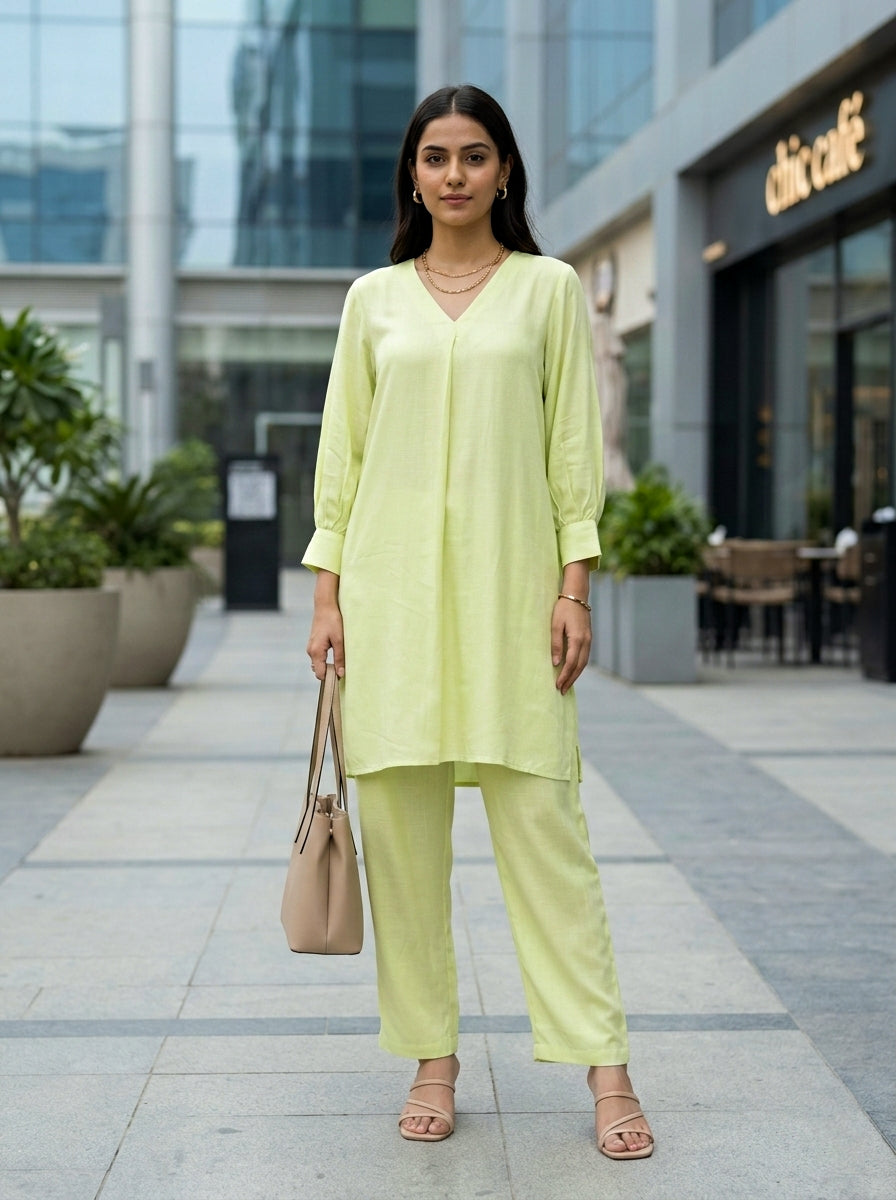 Lime green box pleat kurta and pant co-ord set by Karchobi, showcasing stylish design and rayon slub fabric.