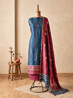 Blue and maroon Maheshwari unstitched suit fabric by Karchobi showing kurta, pant, and dupatta set for women.
