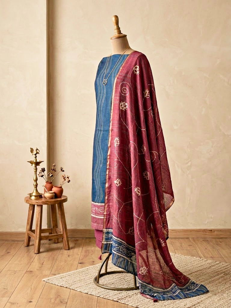 Blue and maroon Maheshwari unstitched suit fabric from Karchobi, featuring kurta, pant, and dupatta set for women.
