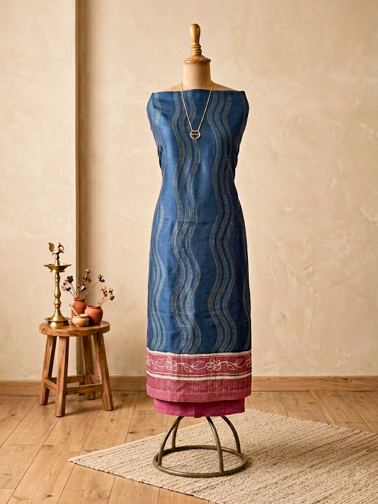 Blue and maroon Maheshwari unstitched suit fabric by Karchobi, includes kurta, pant, and dupatta for women.