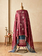 Blue and maroon Maheshwari unstitched suit fabric from Karchobi, includes kurta, pant, and dupatta for women's traditional attire.