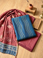 Blue and maroon Maheshwari unstitched suit fabric by Karchobi, featuring traditional kurta, pant, and dupatta design.