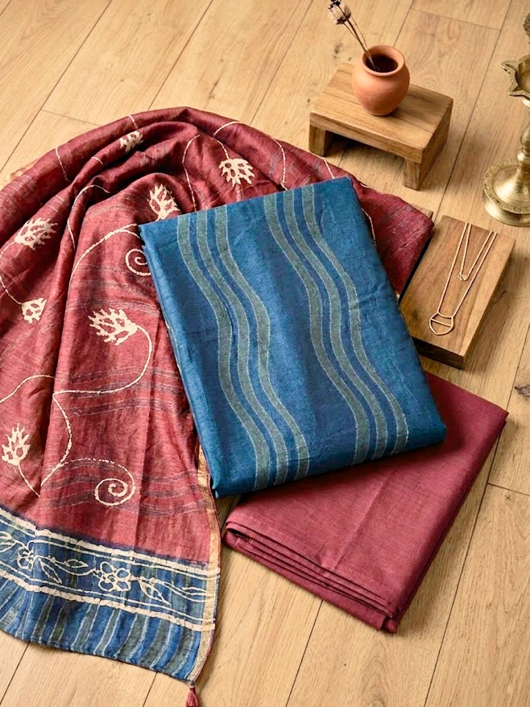 Blue and maroon Maheshwari unstitched suit fabric by Karchobi, featuring traditional kurta, pant, and dupatta design.