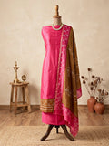 Hot pink Maheshwari unstitched suit set with kurta, pants, and dupatta from Karchobi, showcasing vibrant fabric and traditional design.