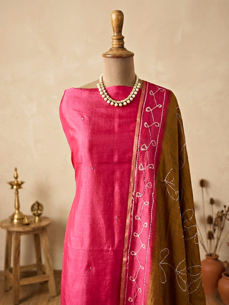 Hot pink Maheshwari unstitched suit set by Karchobi featuring a fabric kurta, pants, and dupatta for women's traditional attire.