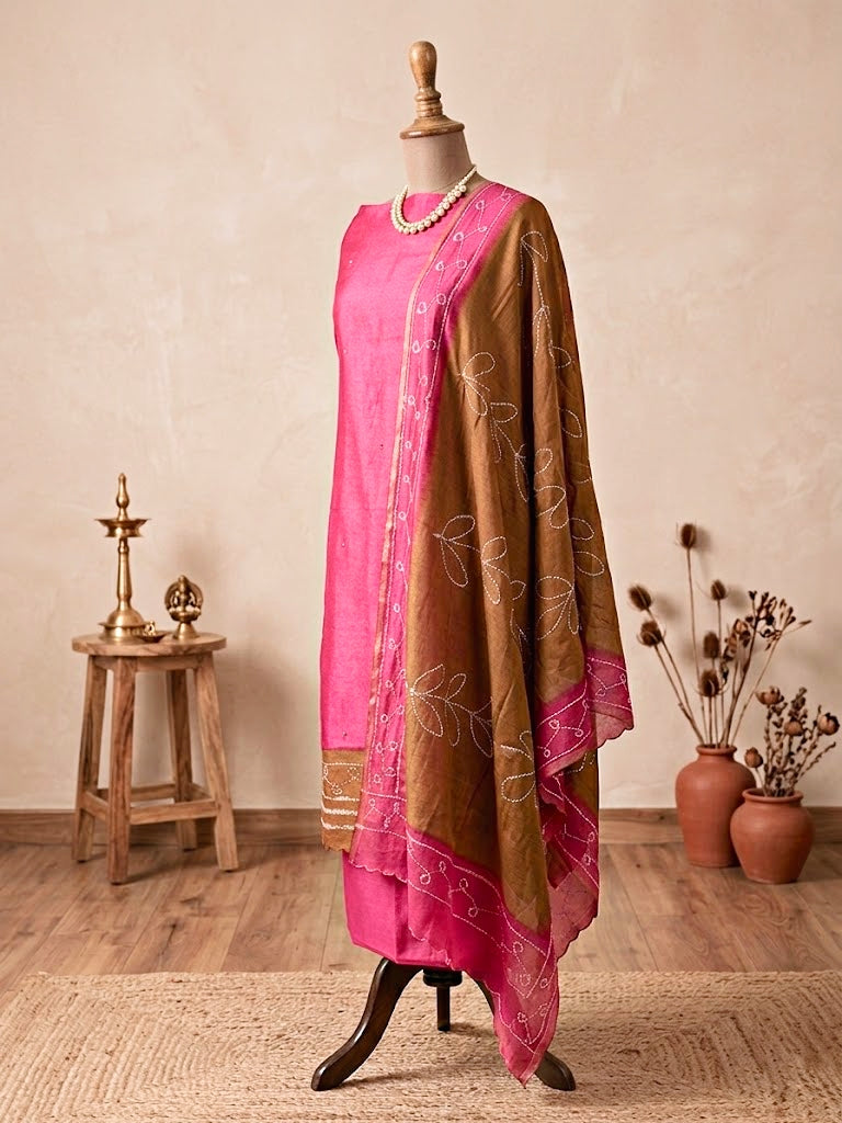 Hot pink Maheshwari unstitched suit set with kurta, pants, and dupatta fabric by Karchobi, showcasing vibrant traditional textile design.