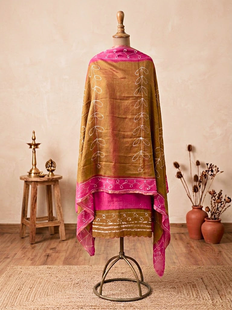 Hot pink Maheshwari unstitched suit set with kurta, pant, and dupatta, fabric shown in a vibrant image by Karchobi.