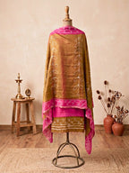 Hot pink Maheshwari unstitched suit set with kurta, pant, and dupatta, fabric shown in a vibrant image by Karchobi.