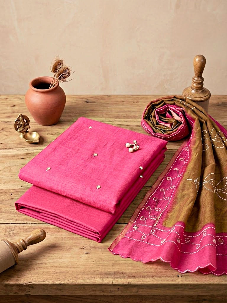 Hot pink Maheshwari unstitched suit set from Karchobi, includes kurta, pant, and dupatta, displayed on a flat lay.