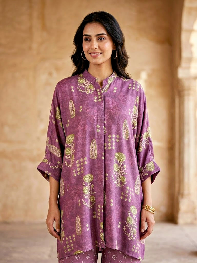 Karchobi dusky mauve botanical print kaftan shirt and matching co-ord pants set for women, stylish and comfortable.