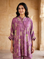 Karchobi dusky mauve botanical print kaftan shirt and matching co-ord pants set for women, stylish and comfortable.