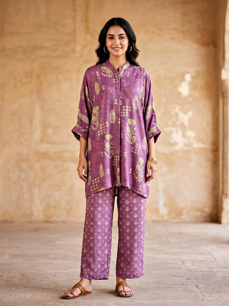 Karchobi dusky mauve botanical print kaftan shirt and co-ord set with matching pants, made from soft muslin cotton for women.