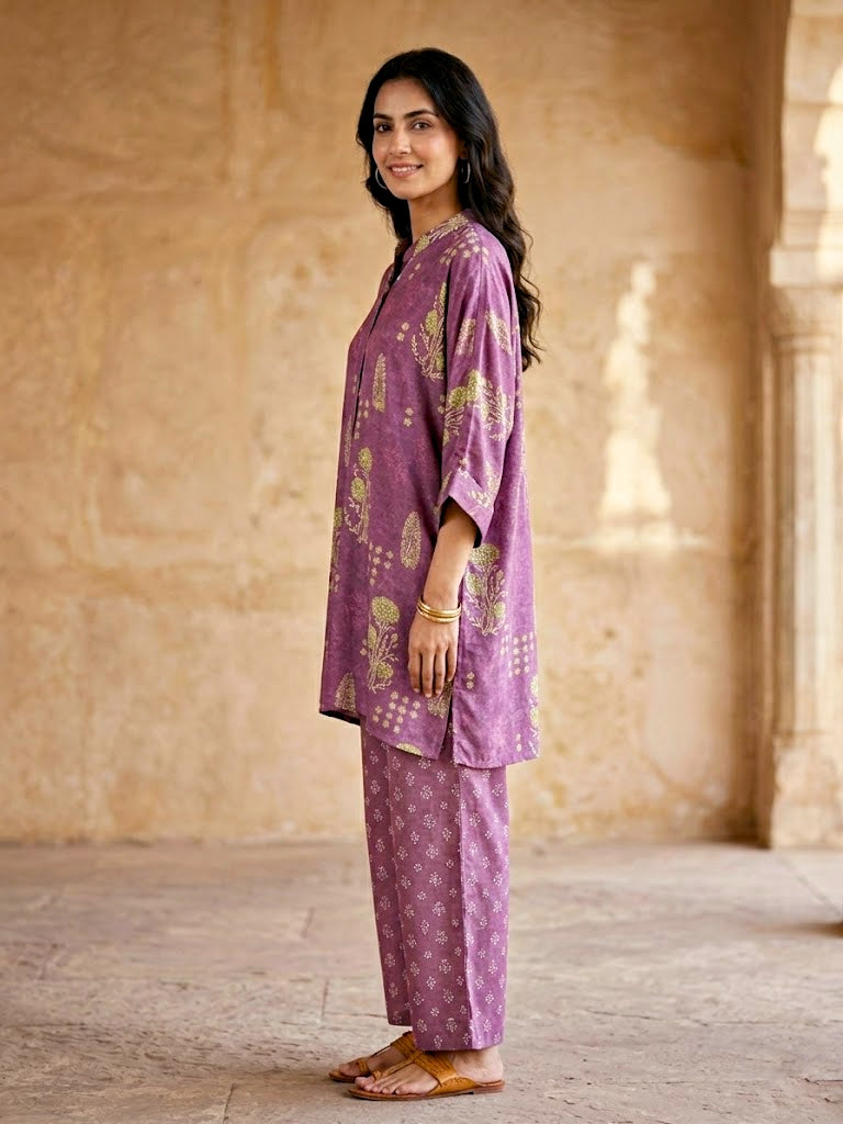 Karchobi dusky mauve botanical print kaftan shirt and matching pant co-ord set in soft muslin cotton for women.