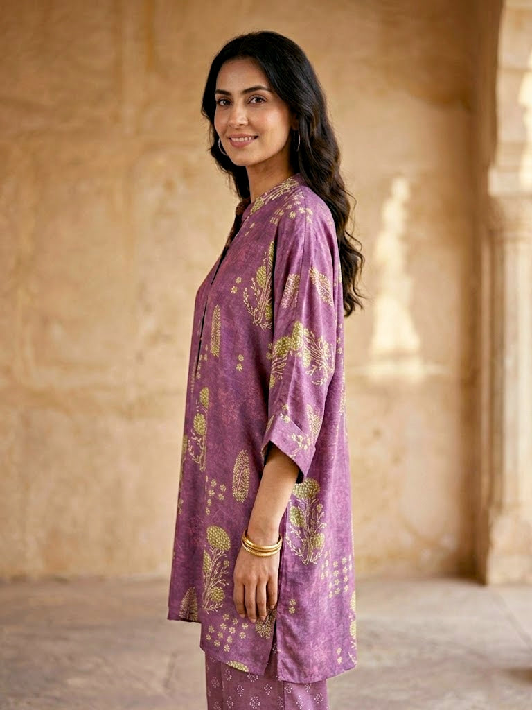 Karchobi mauve botanical print kaftan shirt and co-ord set in muslin cotton, featuring a relaxed fit and stylish design.