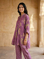 Karchobi dusky mauve botanical print kaftan shirt and pant co-ord set in soft muslin cotton for women.