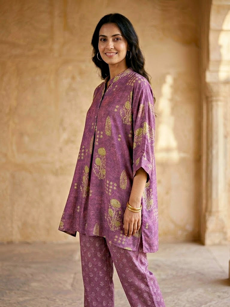 Karchobi dusky mauve botanical print kaftan shirt and pant co-ord set in soft muslin cotton for women.