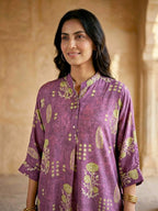 Karchobi dusky mauve botanical print kaftan shirt and pant co-ord set in muslin cotton, stylish and comfortable for women.