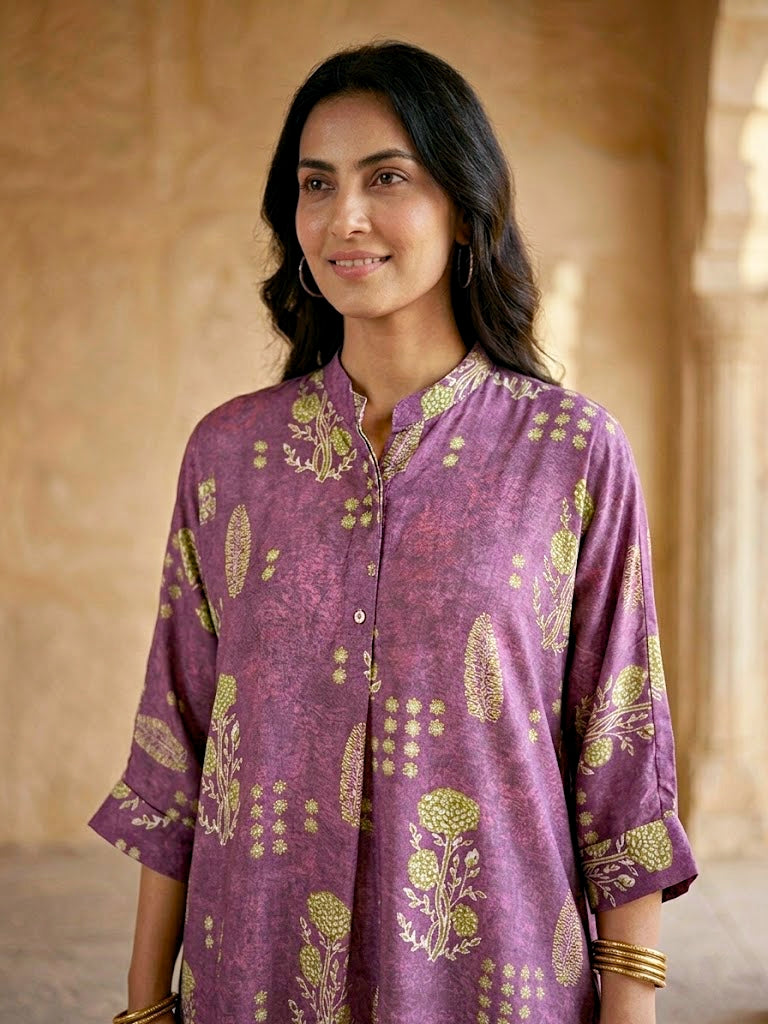 Karchobi dusky mauve botanical print kaftan shirt and pant co-ord set in muslin cotton, stylish and comfortable for women.