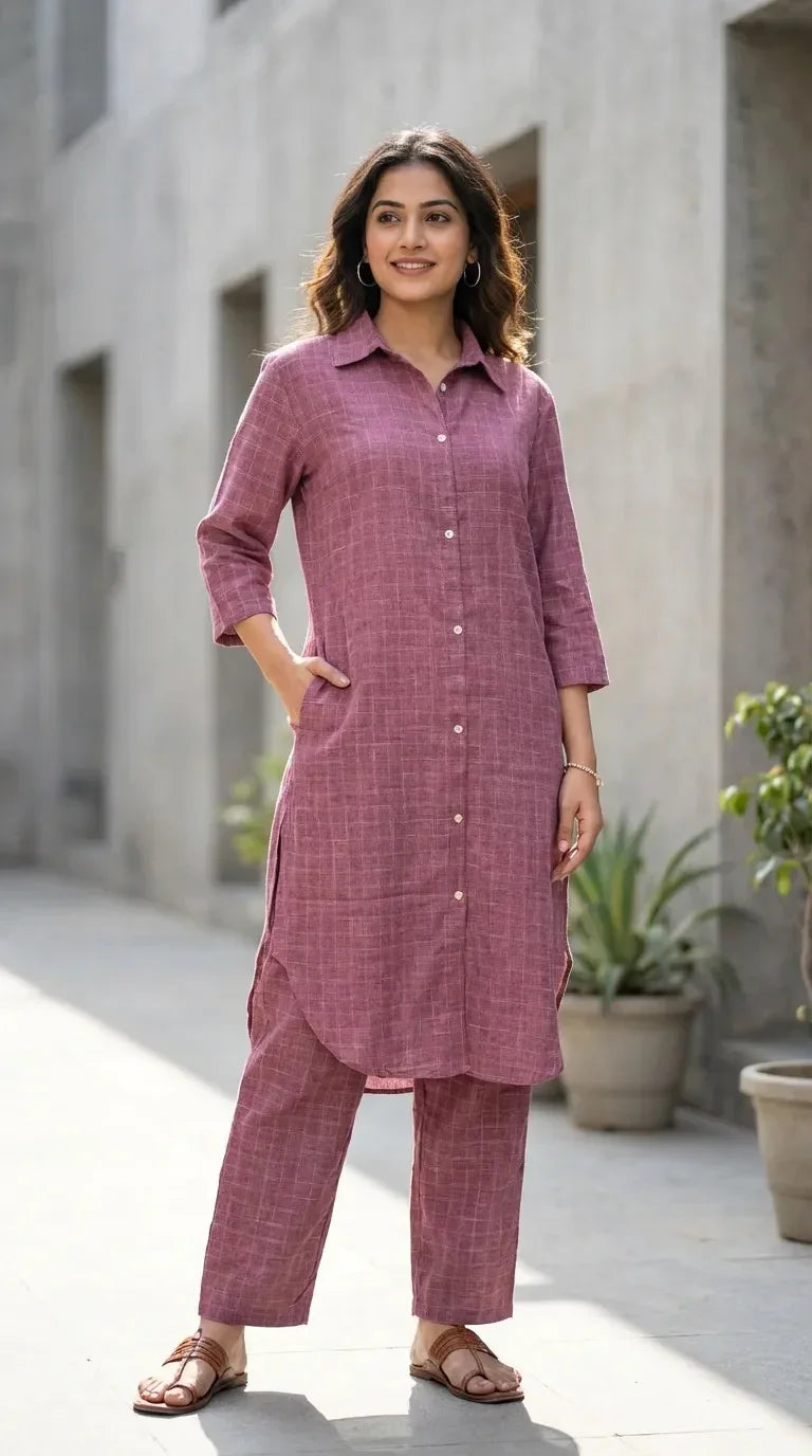 Woman modeling mauve checks long shirt co-ord set from Karchobi, outdoor urban setting