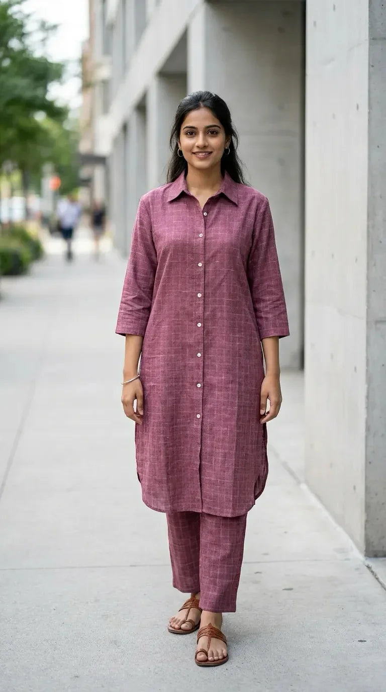 Woman wearing mauve checked long shirt co-ord set from Karchobi, standing outdoors.