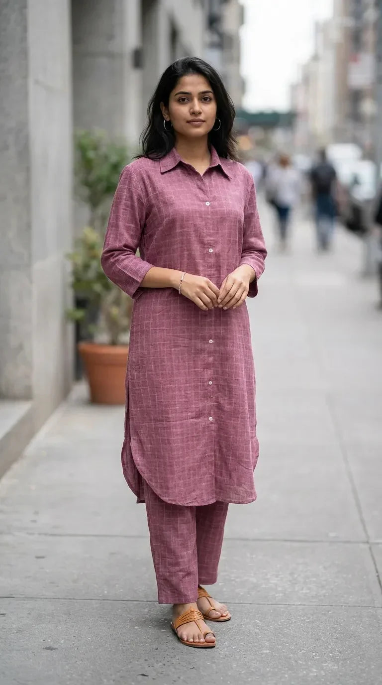 Woman in mauve checks long shirt and co-ord set from Karchobi standing on city street