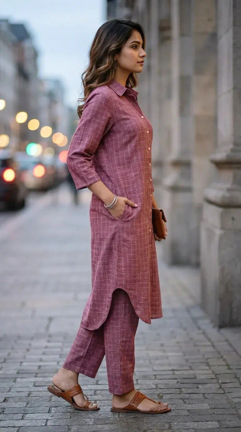 Woman wearing mauve checks long shirt and pants co-ord set from Karchobi, street style