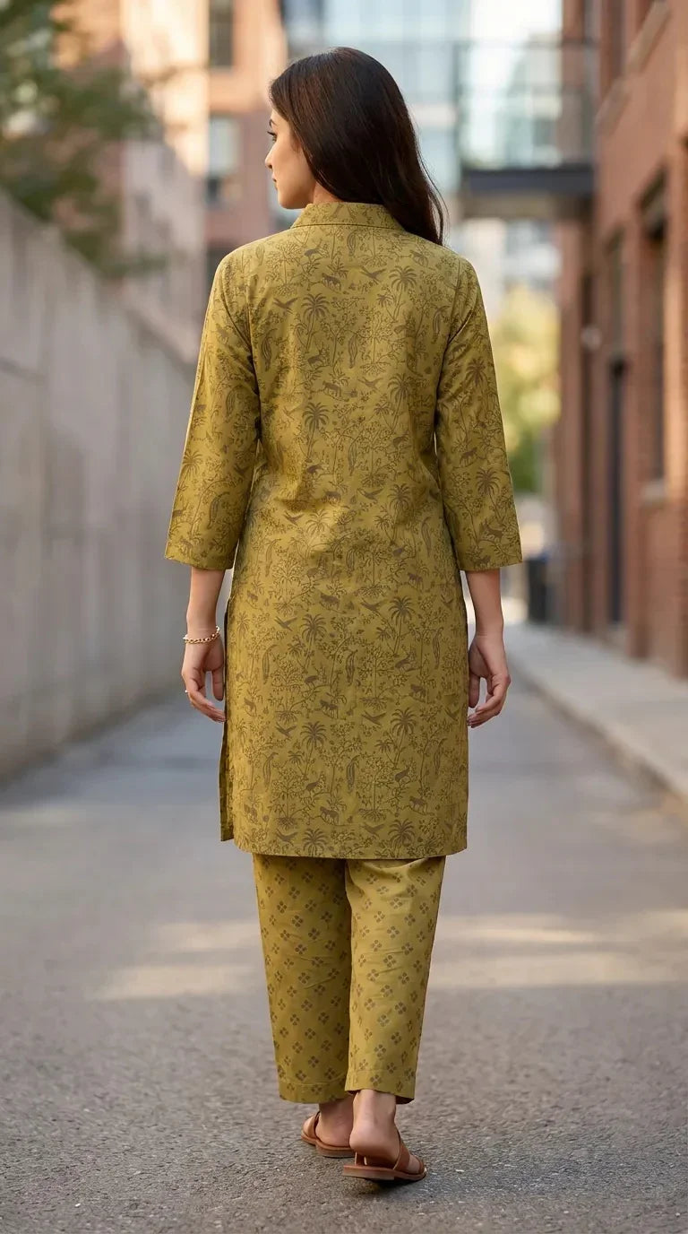 Woman wearing Mehndi green tropical printed kurta pant co-ord set by Karchobi outdoors