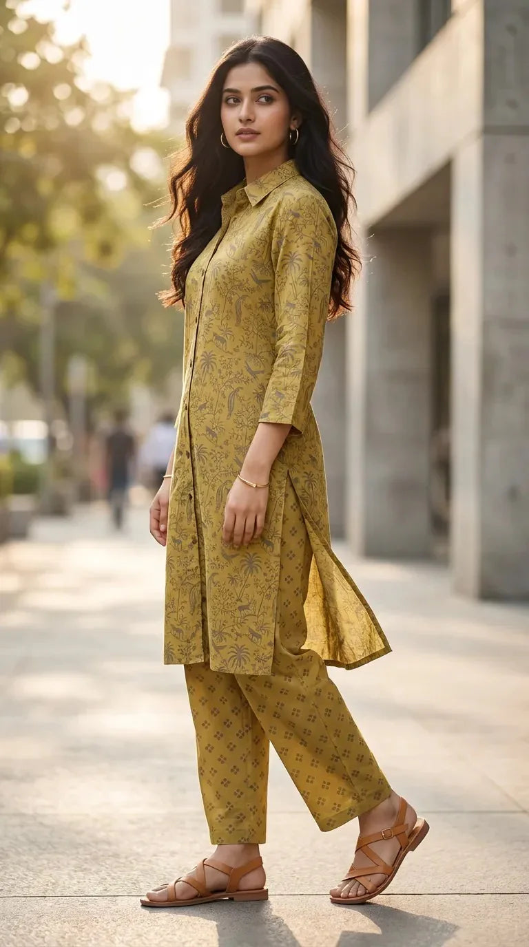 Woman wearing Karchobi Mehndi green tropical printed kurta pant co-ord set outdoors