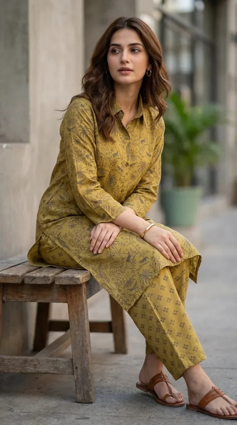 Woman in tropical print Mehndi green kurta pant co-ord set from Karchobi, sitting outdoors