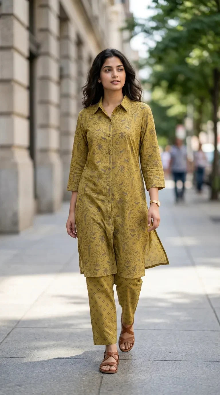 Woman wearing Karchobi mehndi green tropical printed kurta pant co-ord set walking outdoors