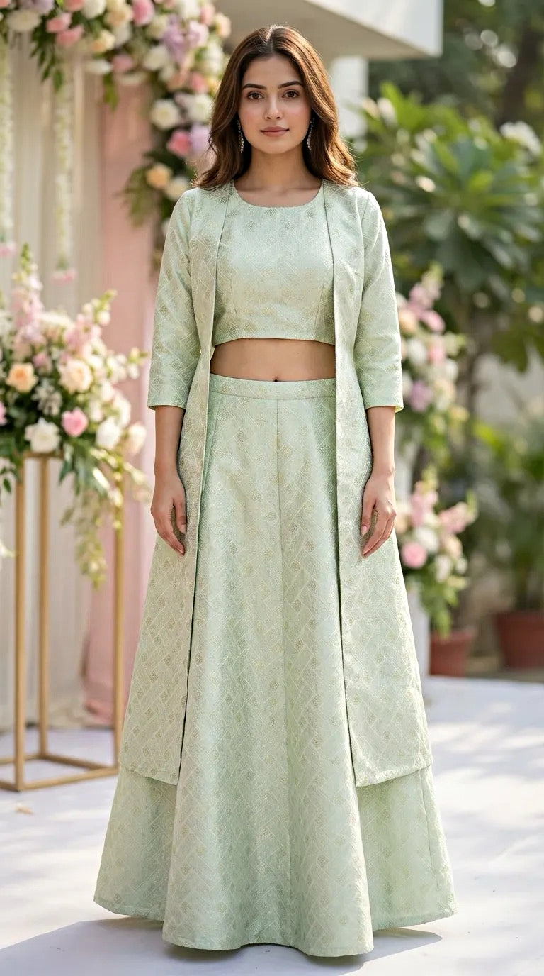 Woman in mint green jacquard silk crop top, long open overlay jacket, and skirt set at Karchobi
