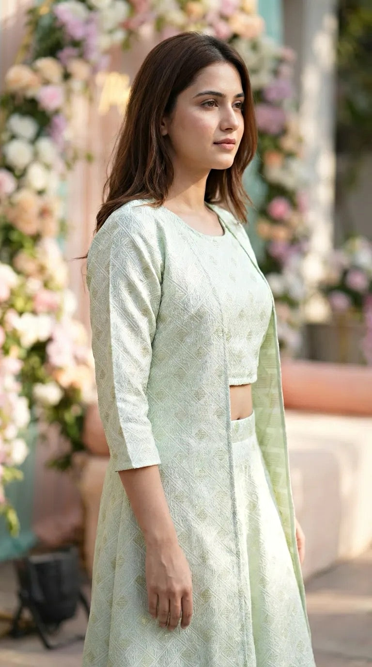Woman in mint green woven jacquard silk crop top, long open overlay jacket and skirt set from Karchobi, standing outdoors with floral background.