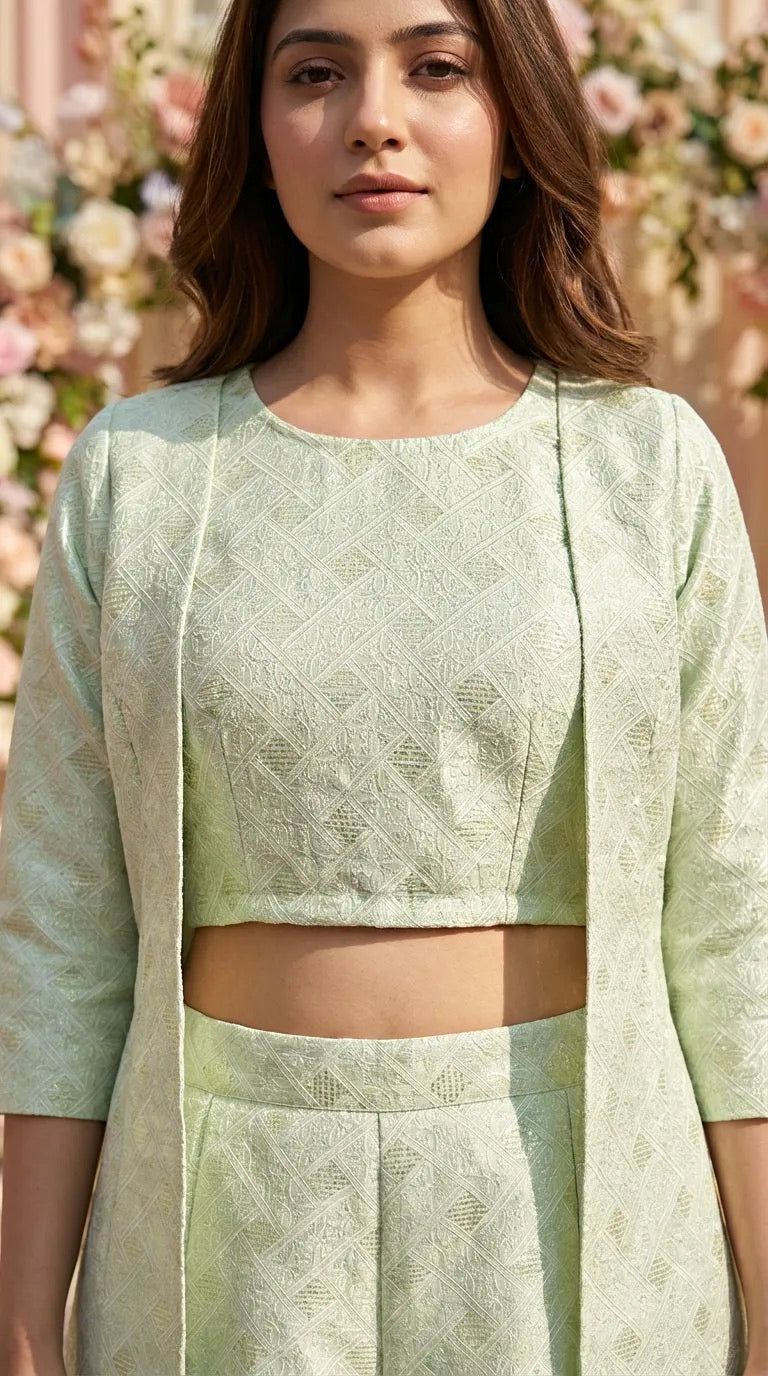 Woman modeling mint green woven jacquard silk crop top with open jacket and skirt from Karchobi