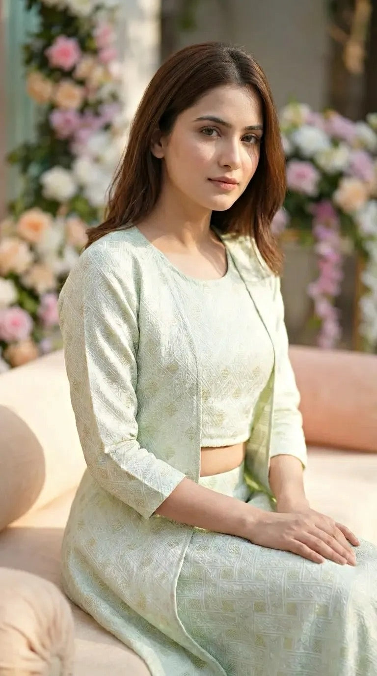 Woman in mint green woven jacquard silk crop top, long overlay jacket, and skirt by Karchobi